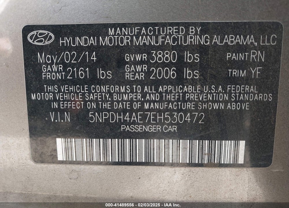 2014 HYUNDAI ELANTRA VIN: 5NPDH4AE7EH530472
