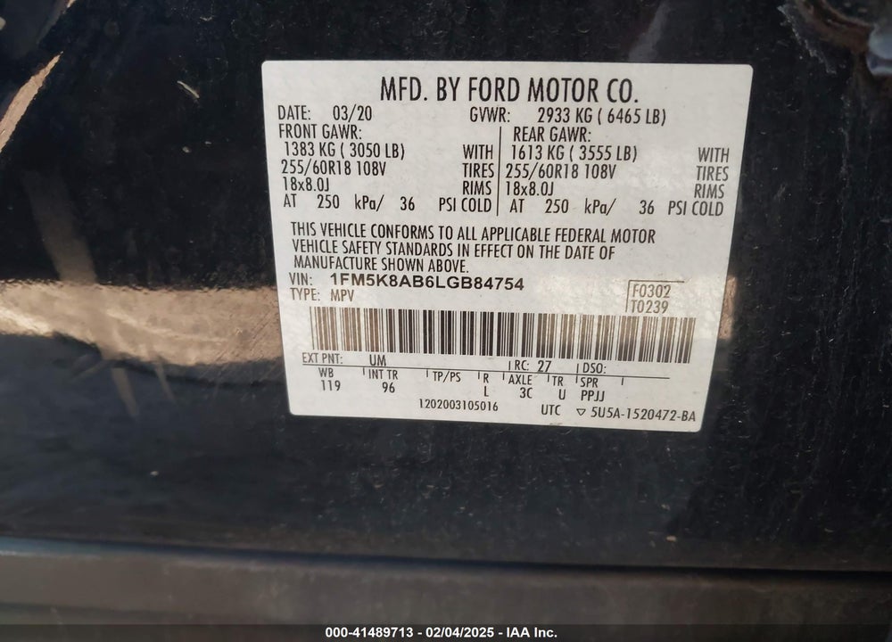 2020 FORD POLICE INTERCEPTOR VIN: 1FM5K8AB6LGB84754