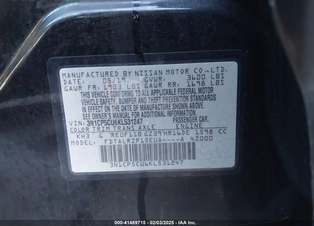 2019 NISSAN KICKS VIN: 3N1CP5CU6KL531247
