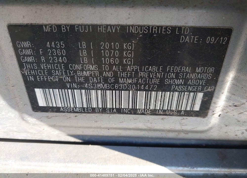 2013 SUBARU LEGACY 2.5I PREMIUM VIN: 4S3BMBC63D3014472