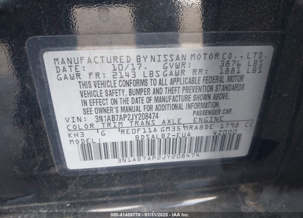 2018 NISSAN SENTRA VIN: 3N1AB7AP2JY208474