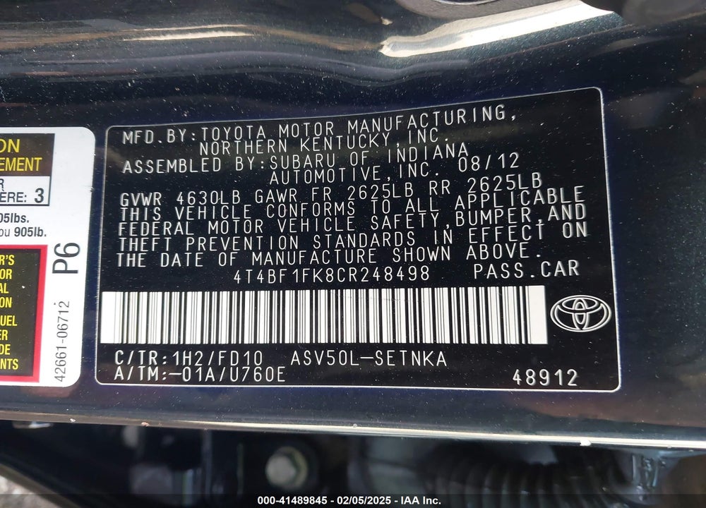 2012 TOYOTA CAMRY VIN: 4T4BF1FK8CR248498