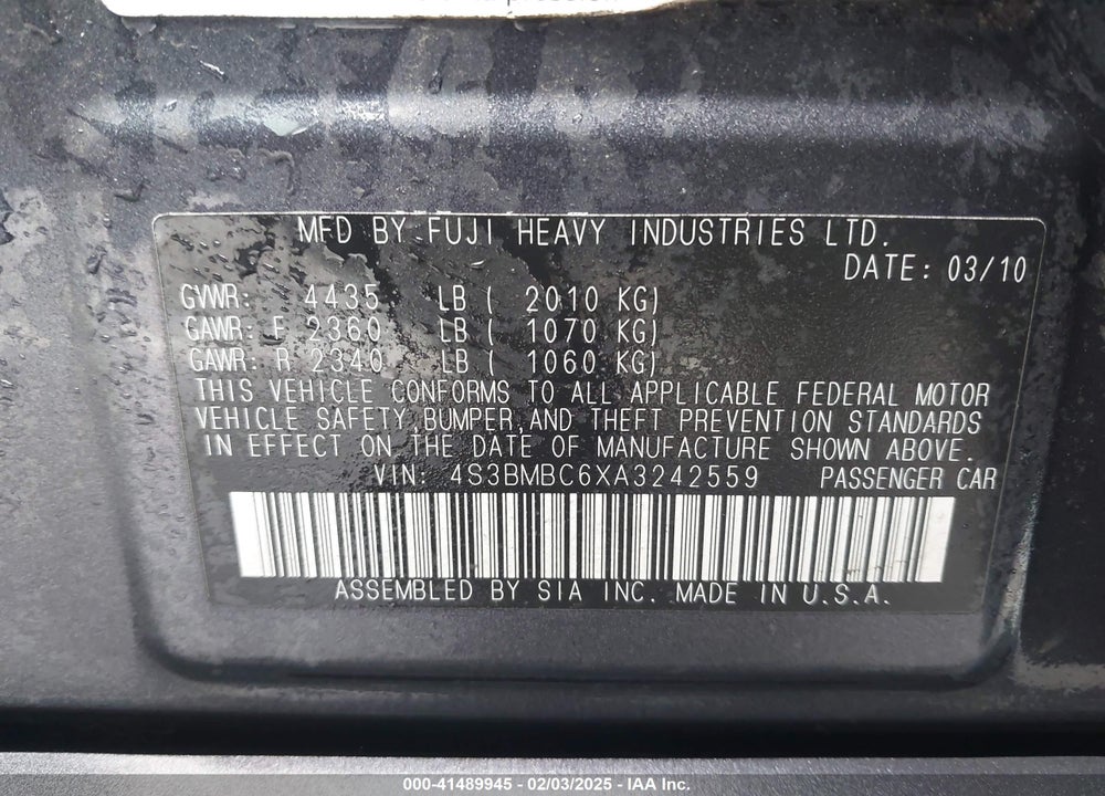 2010 SUBARU LEGACY VIN: 4S3BMBC6XA3242559