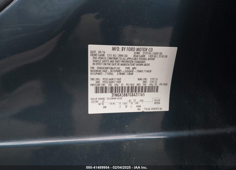 2016 FORD FLEX SE VIN: 2FMGK5B87GBA21165