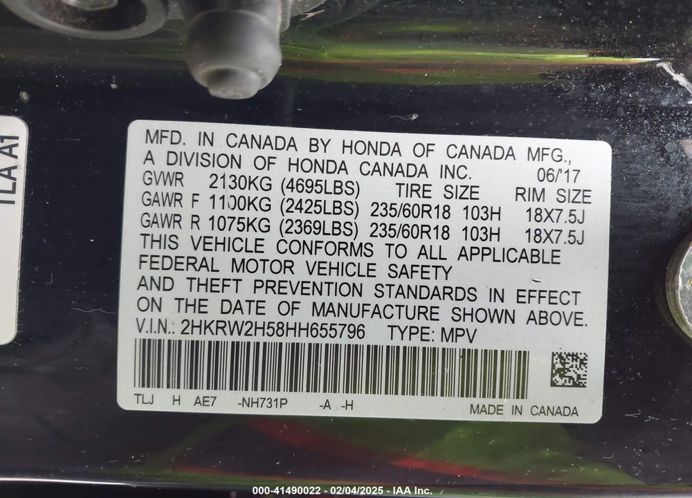2017 HONDA CR-V EX VIN: 2HKRW2H58HH655796