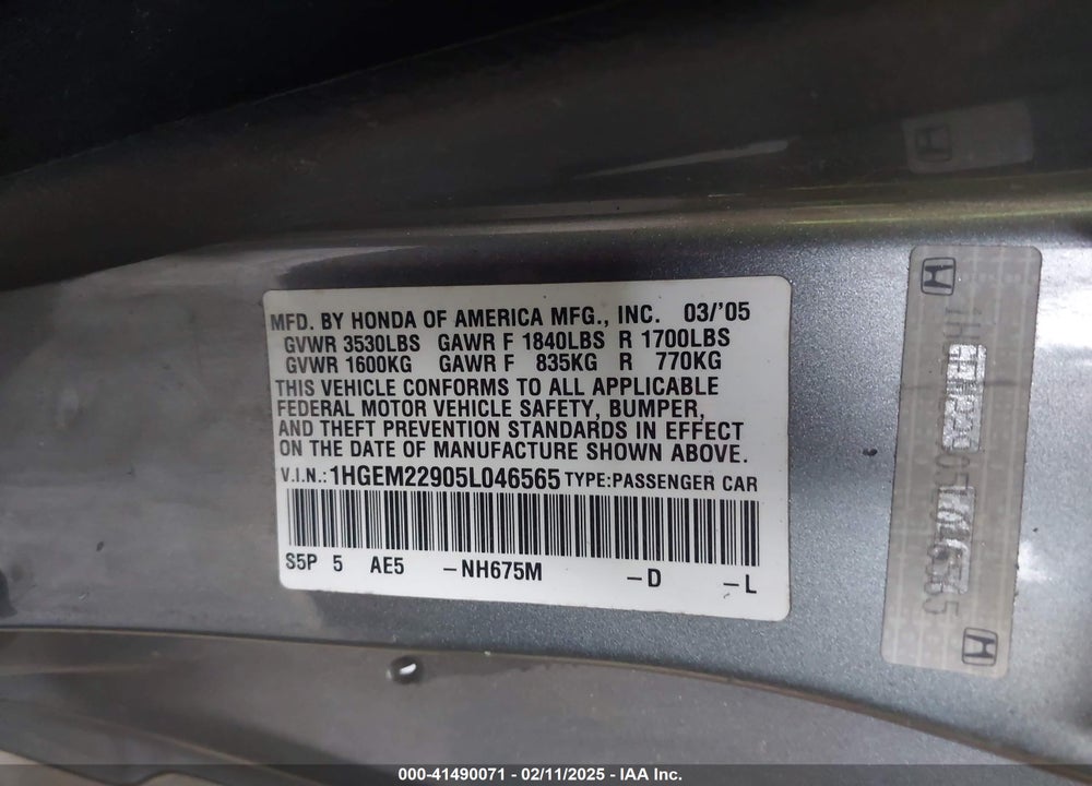 2005 HONDA CIVIC EX VIN: 1HGEM22905L046565