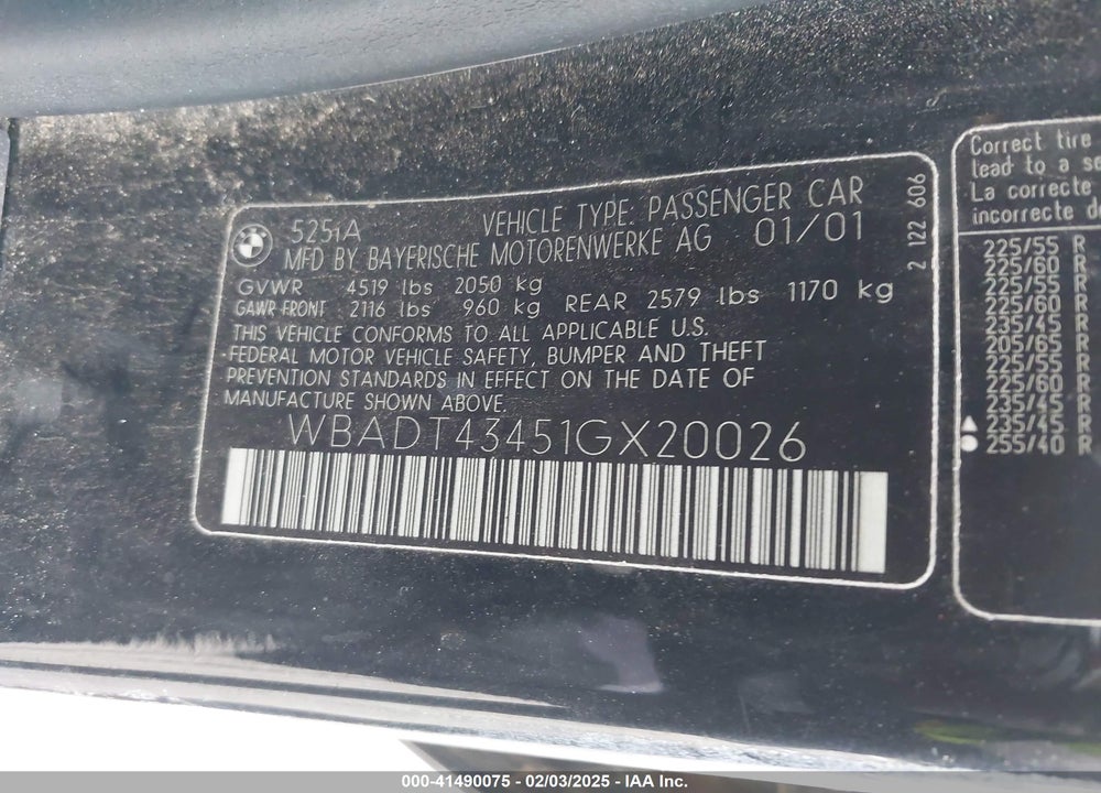 2001 BMW 525IA VIN: WBADT43451GX20026
