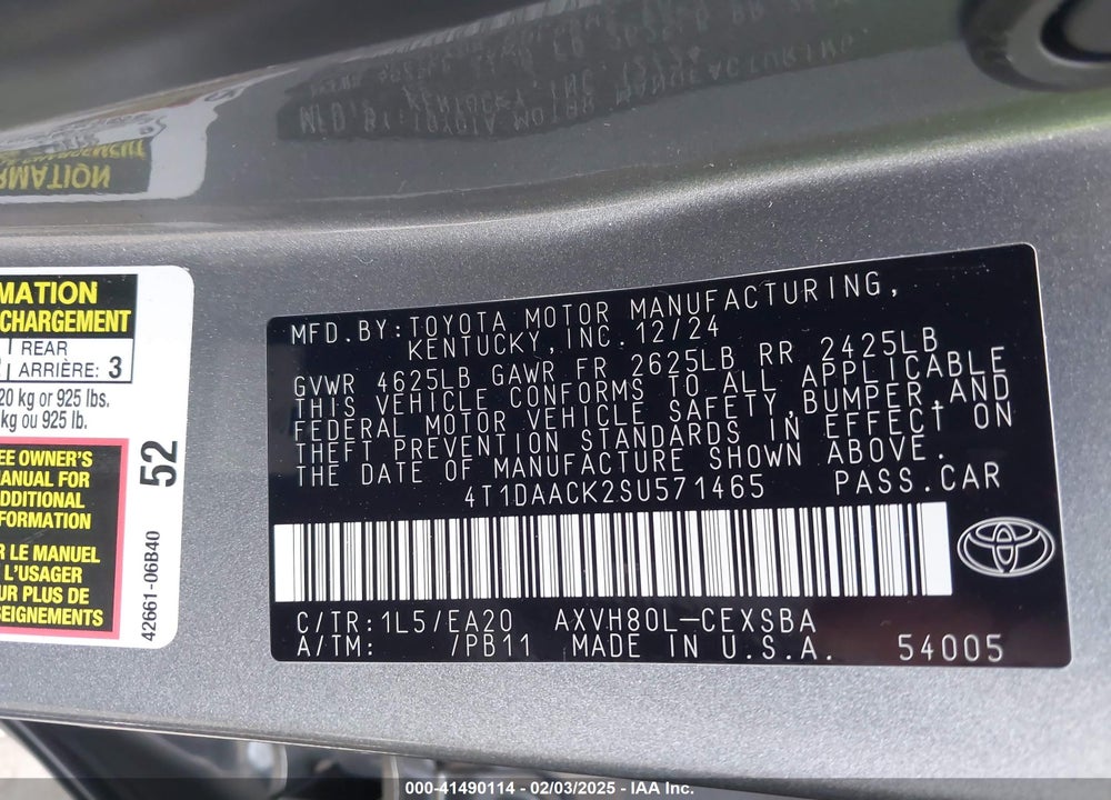 2025 TOYOTA CAMRY SE VIN: 4T1DAACK2SU571465