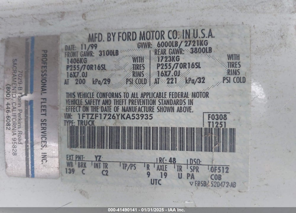 2000 FORD F-150 WORK SERIES/XL/XLT VIN: 1FTZF1726YKA53935