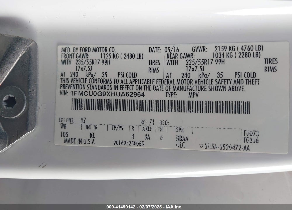 2017 FORD ESCAPE SE VIN: 1FMCU0G9XHUA62964