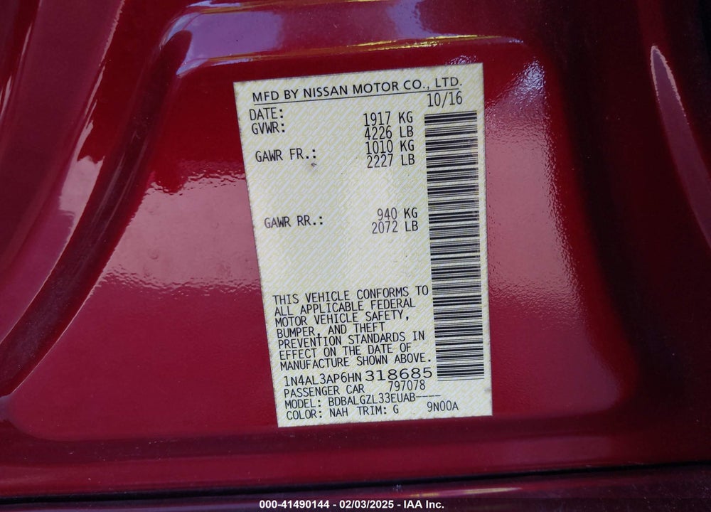 2017 NISSAN ALTIMA VIN: 1N4AL3AP6HN318685