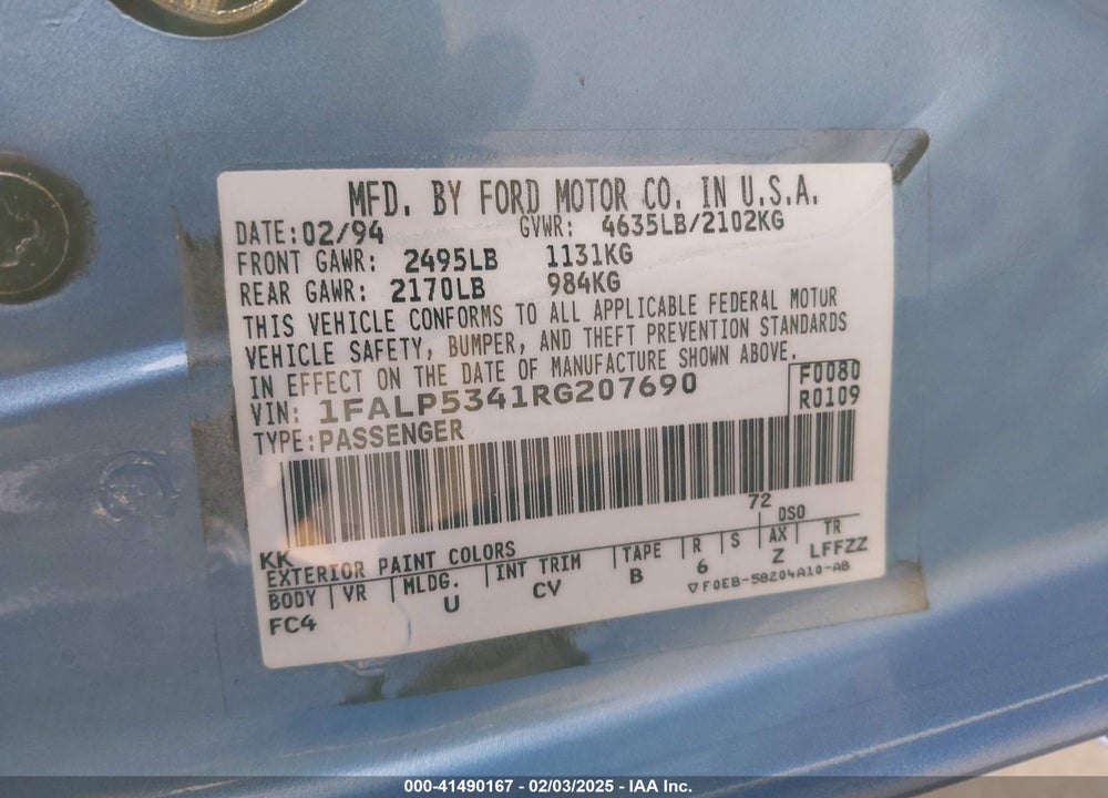 1994 FORD TAURUS LX VIN: 1FALP5341RG207690