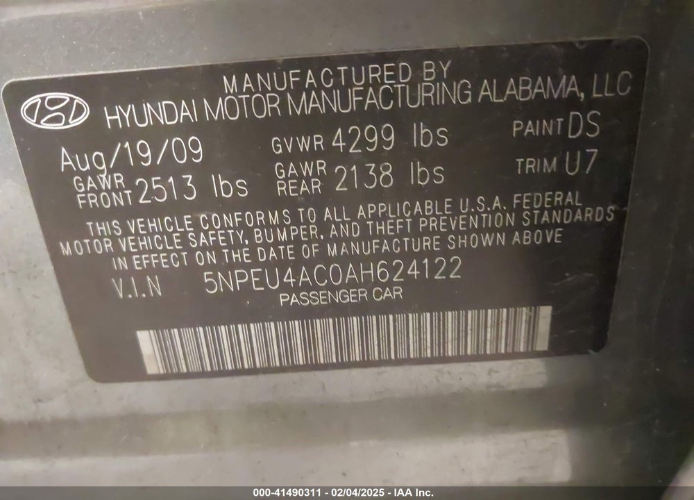 2010 HYUNDAI SONATA SE VIN: 5NPEU4AC0AH624122