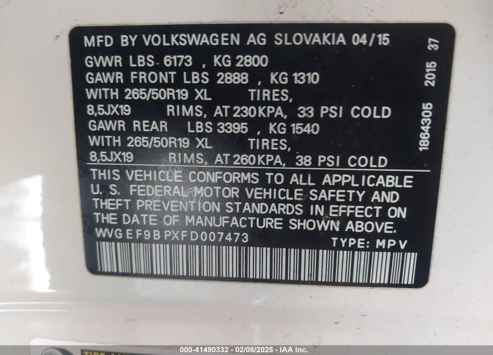 2015 VOLKSWAGEN TOUAREG V6 LUX VIN: WVGEF9BPXFD007473