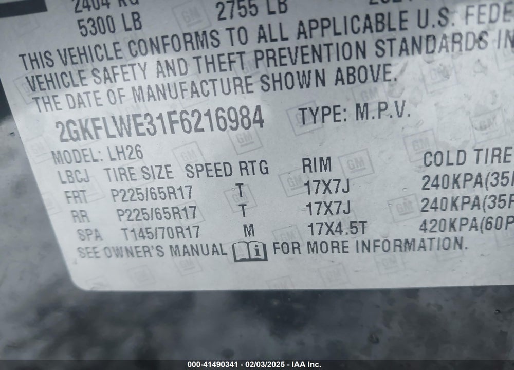 2015 GMC TERRAIN VIN: 2GKFLWE31F6216984