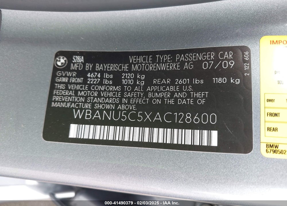 2010 BMW 528I VIN: WBANU5C5XAC128600