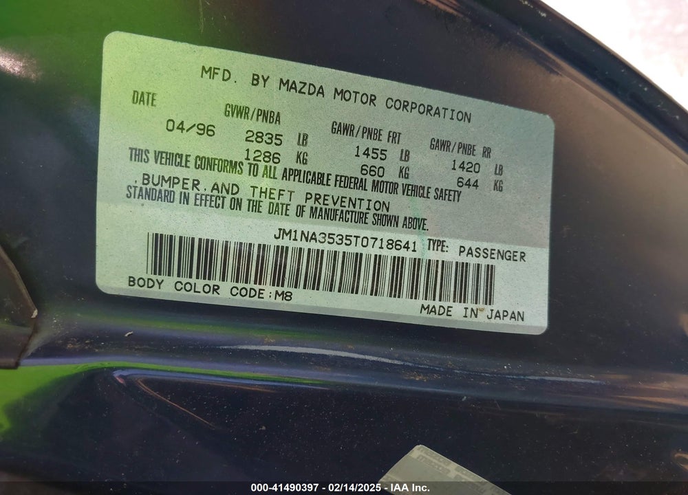 1996 MAZDA MX-5 MIATA VIN: JM1NA3535T0718641