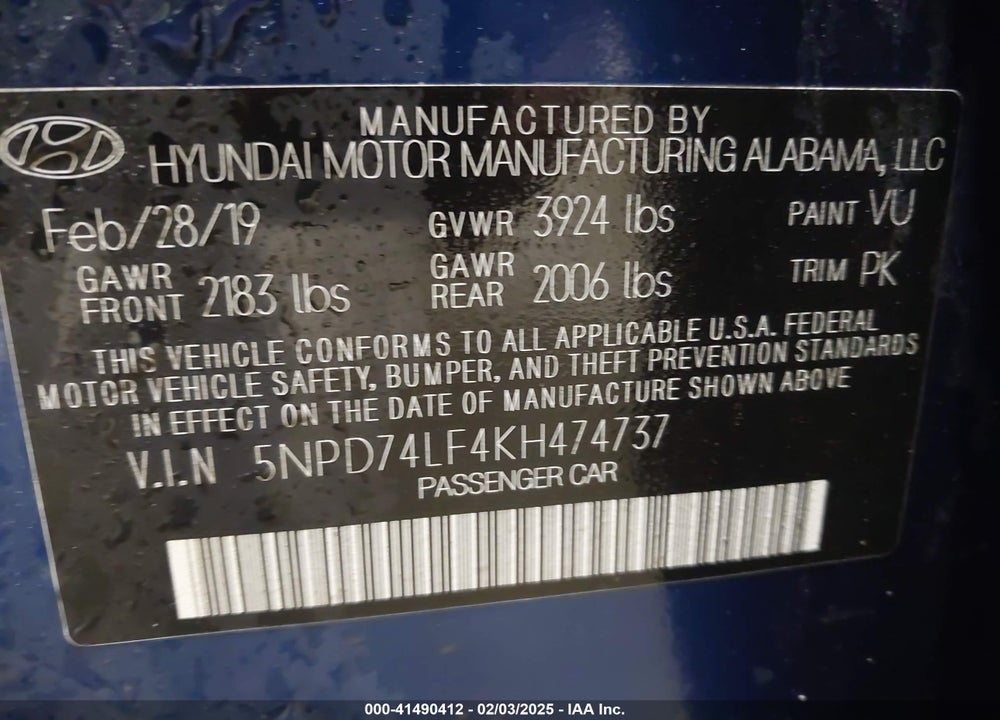 2019 HYUNDAI ELANTRA VIN: 5NPD74LF4KH474737