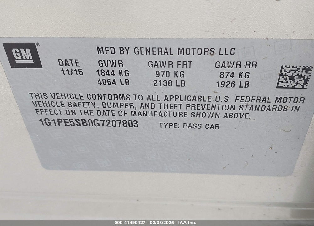 2016 CHEVROLET CRUZE LIMITED VIN: 1G1PE5SB0G7207803