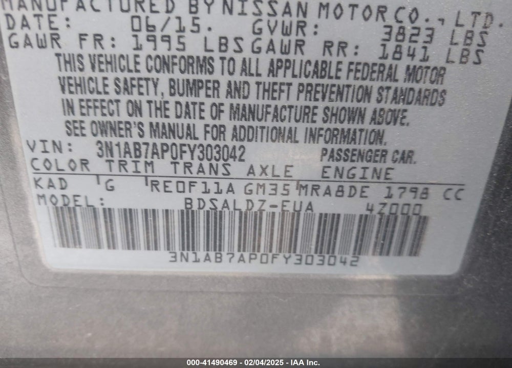 2015 NISSAN SENTRA VIN: 3N1AB7AP0FY303042