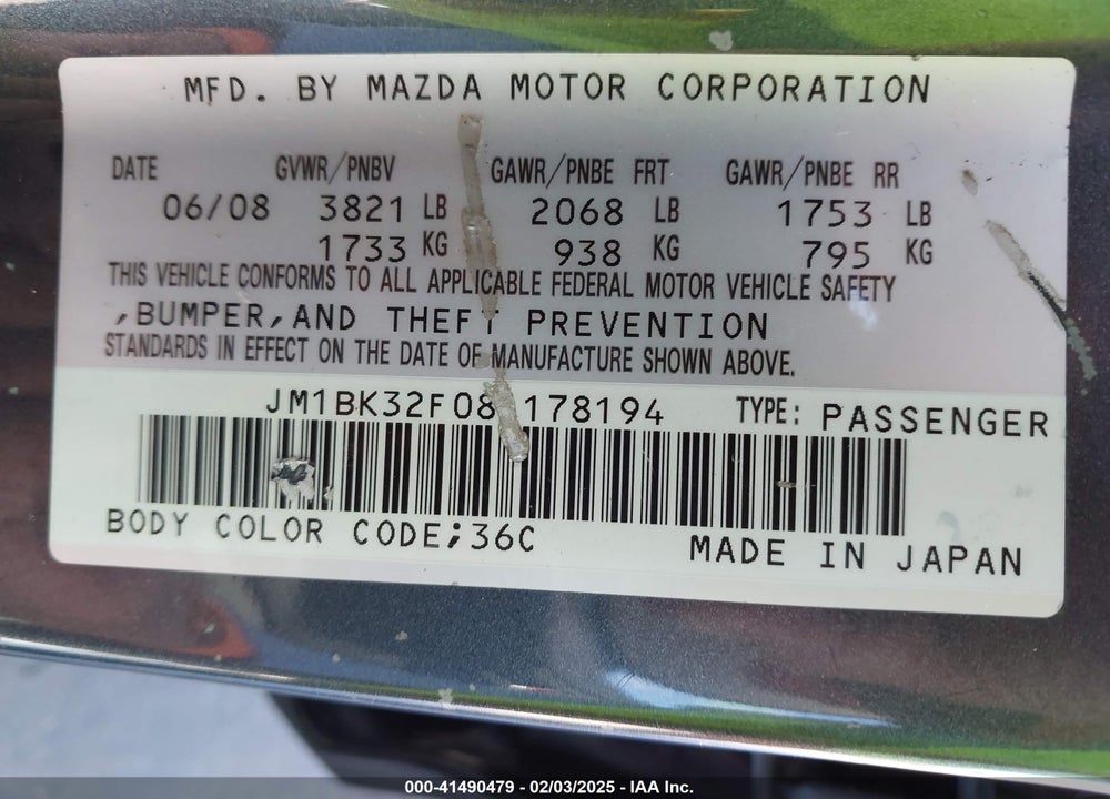 2008 MAZDA 3 VIN: JM1BK32F081178194