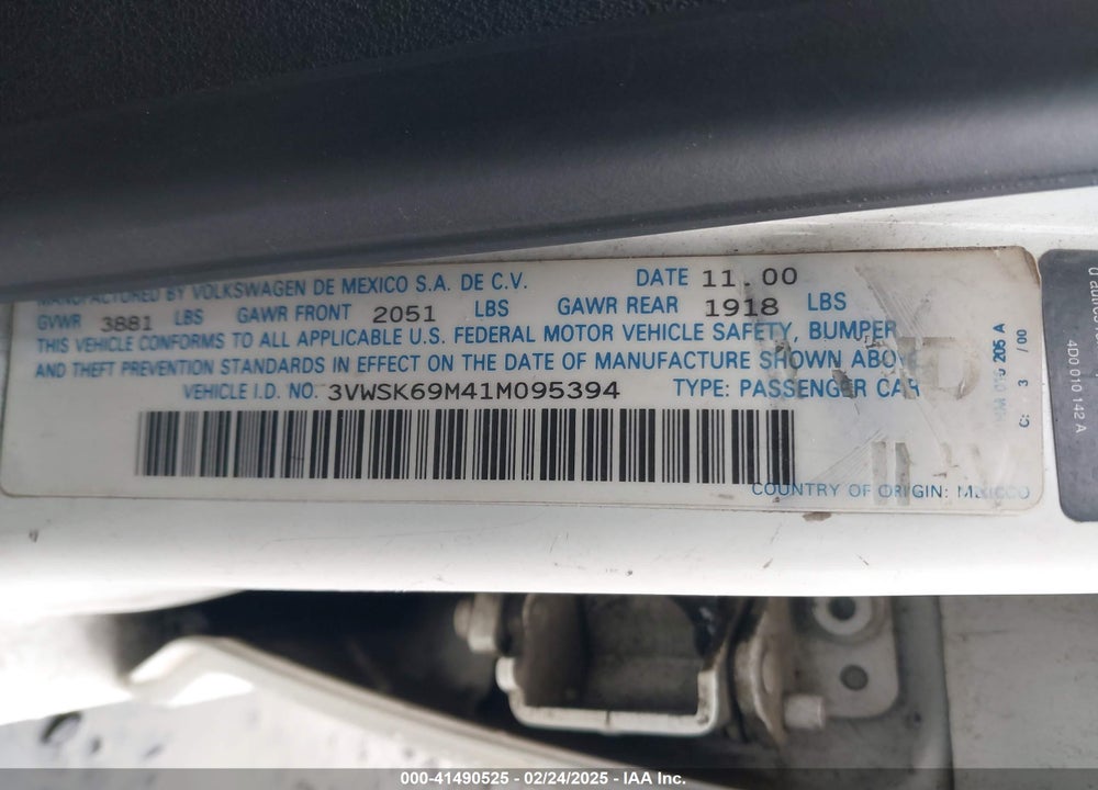 2001 VOLKSWAGEN JETTA GLS VIN: 3VWSK69M41M095394