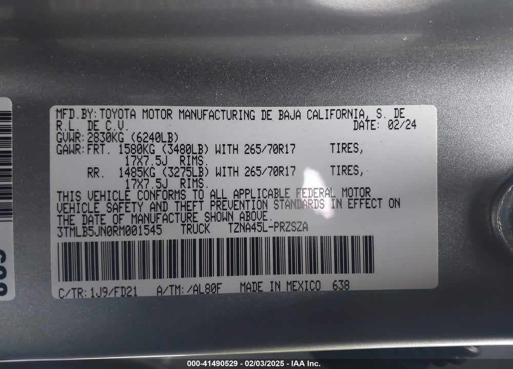 2024 TOYOTA TACOMA TRD OFF ROAD VIN: 3TMLB5JN0RM001545