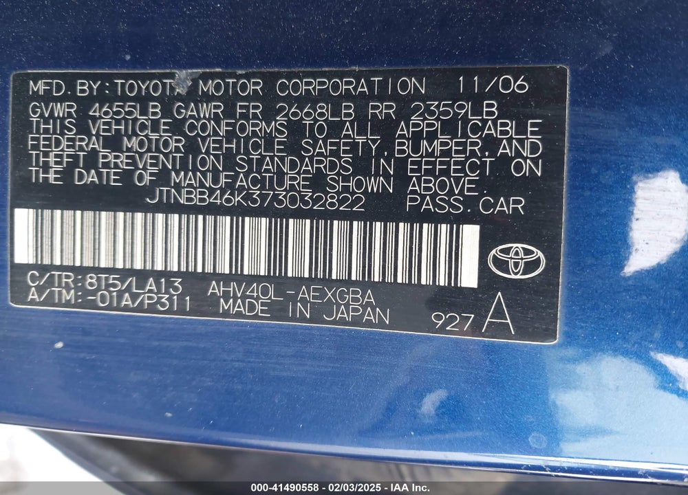 2007 TOYOTA CAMRY HYBRID VIN: JTNBB46K373032822