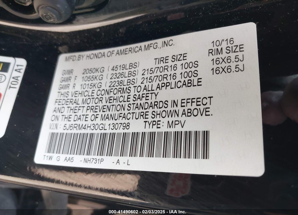 2016 HONDA CR-V LX VIN: 5J6RM4H30GL130798