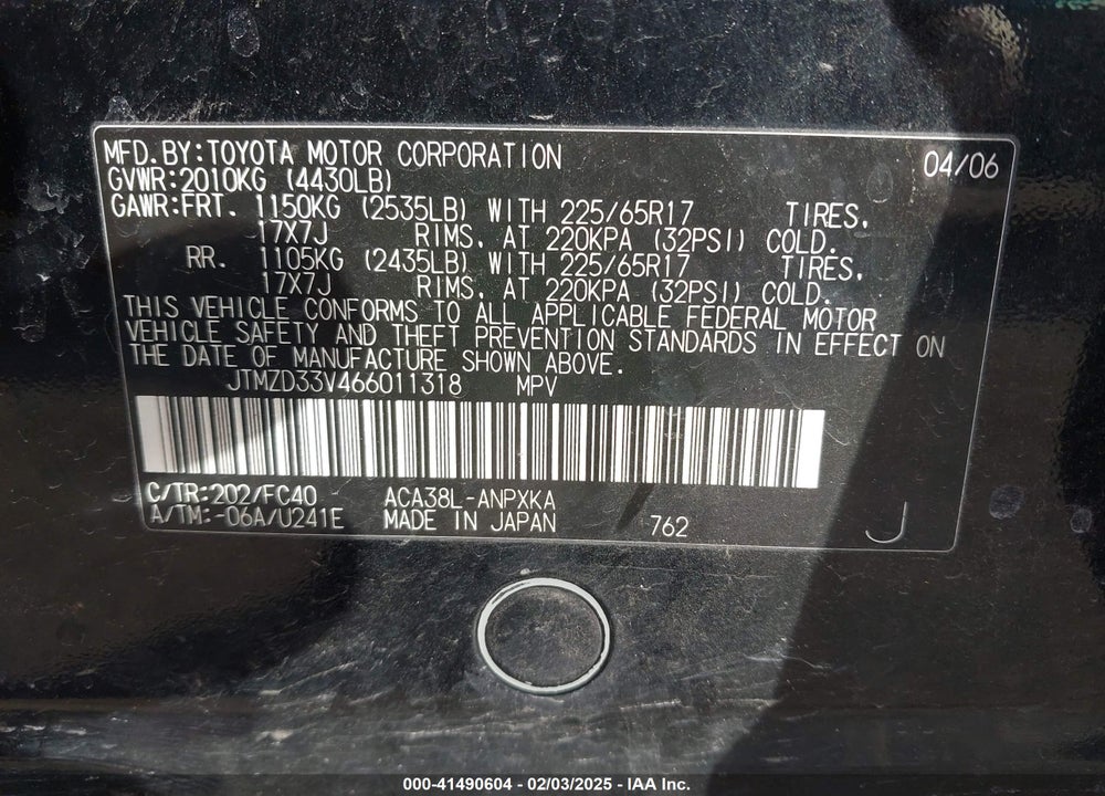 2006 TOYOTA RAV4 VIN: JTMZD33V466011318
