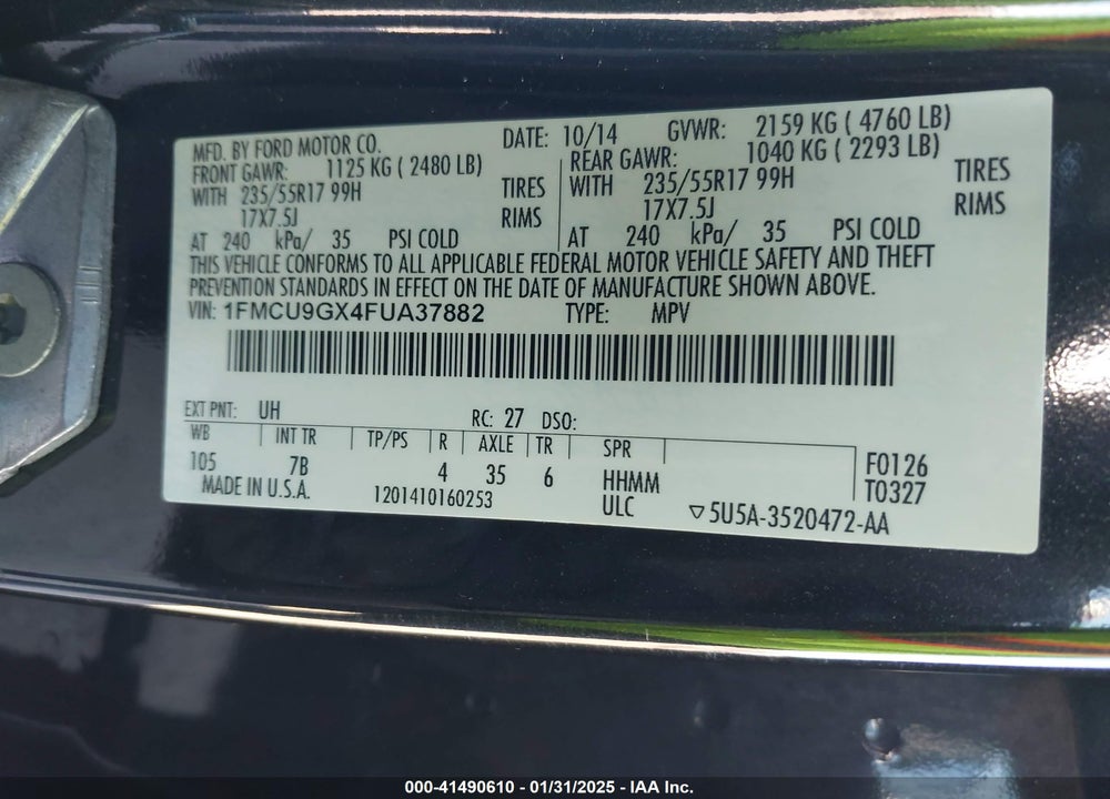 2015 FORD ESCAPE SE VIN: 1FMCU9GX4FUA37882