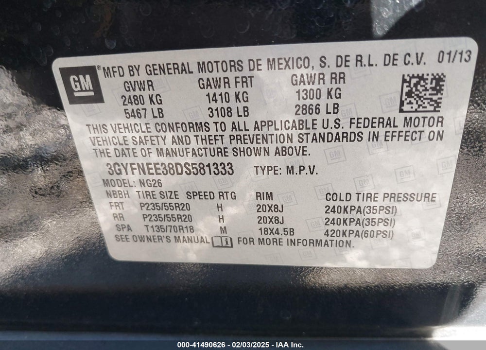 2013 CADILLAC SRX PREMIUM COLLECTION VIN: 3GYFNEE38DS581333