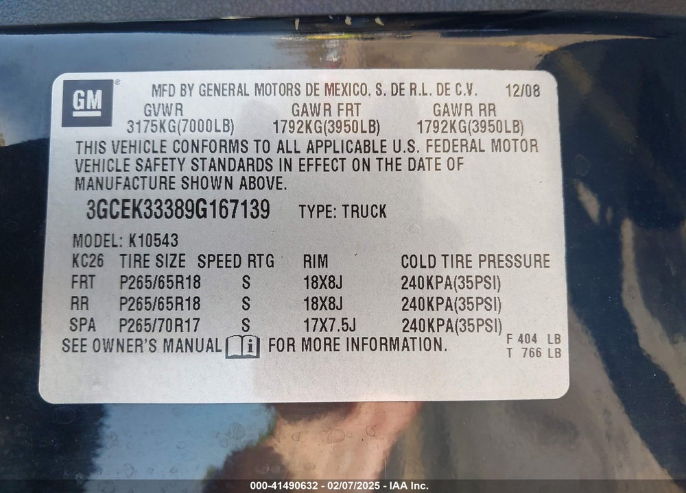 2009 CHEVROLET SILVERADO 1500 LTZ VIN: 3GCEK33389G167139