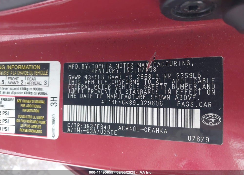 2009 TOYOTA CAMRY LE VIN: 4T1BE46K89U329606