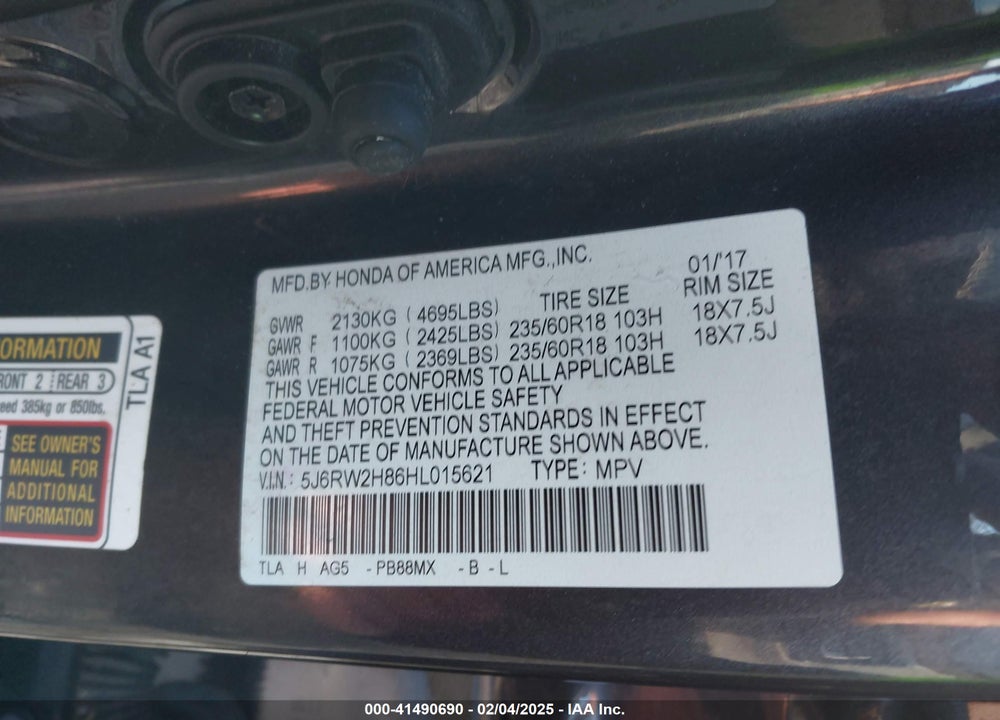 2017 HONDA CR-V EX-L/EX-L NAVI VIN: 5J6RW2H86HL015621