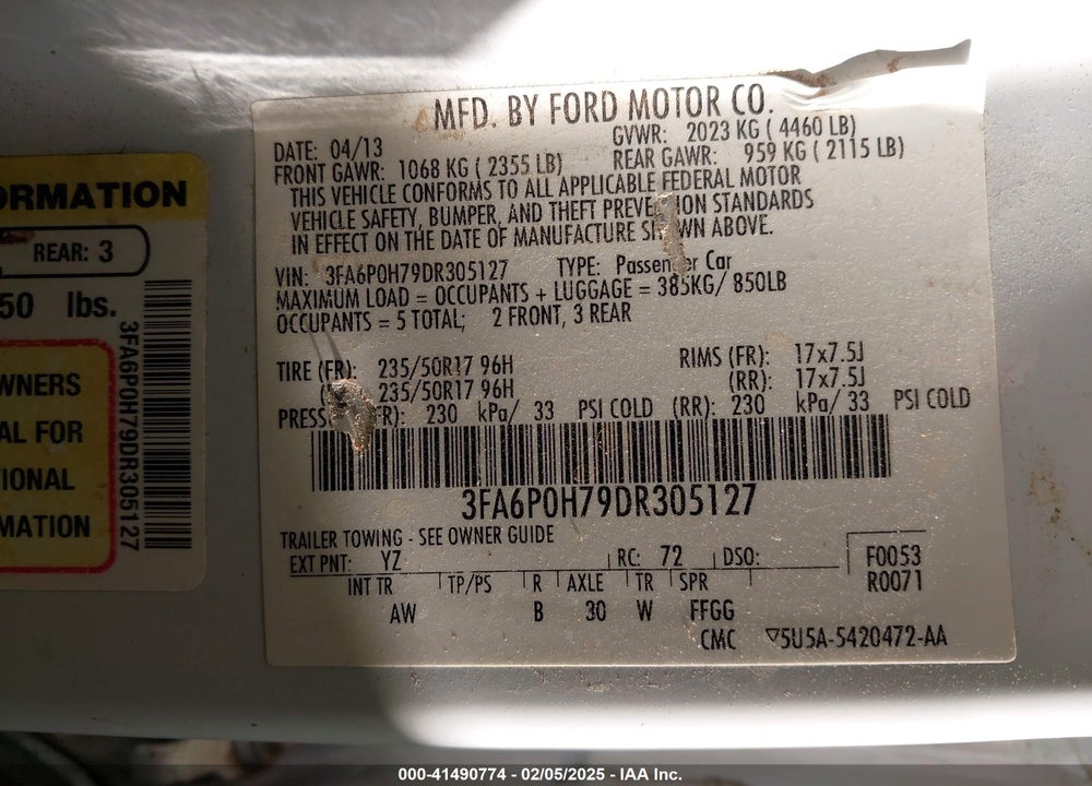 2013 FORD FUSION SE VIN: 3FA6P0H79DR305127