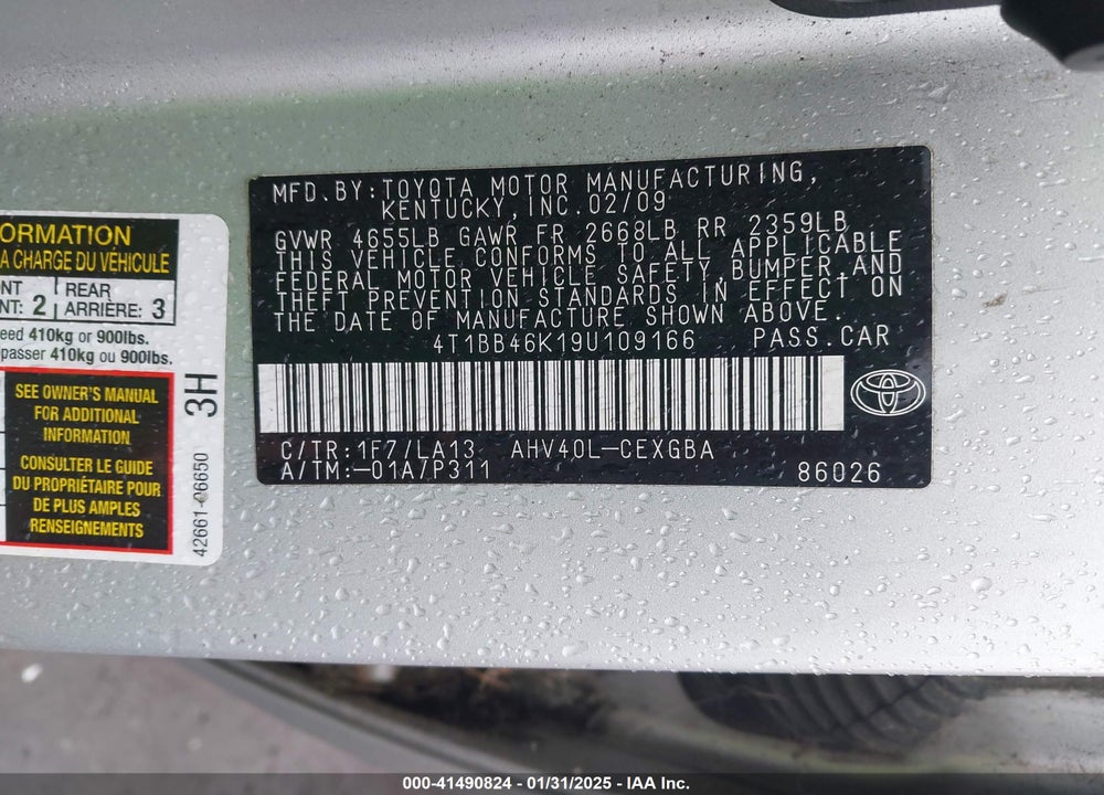 2009 TOYOTA CAMRY HYBRID VIN: 4T1BB46K19U109166