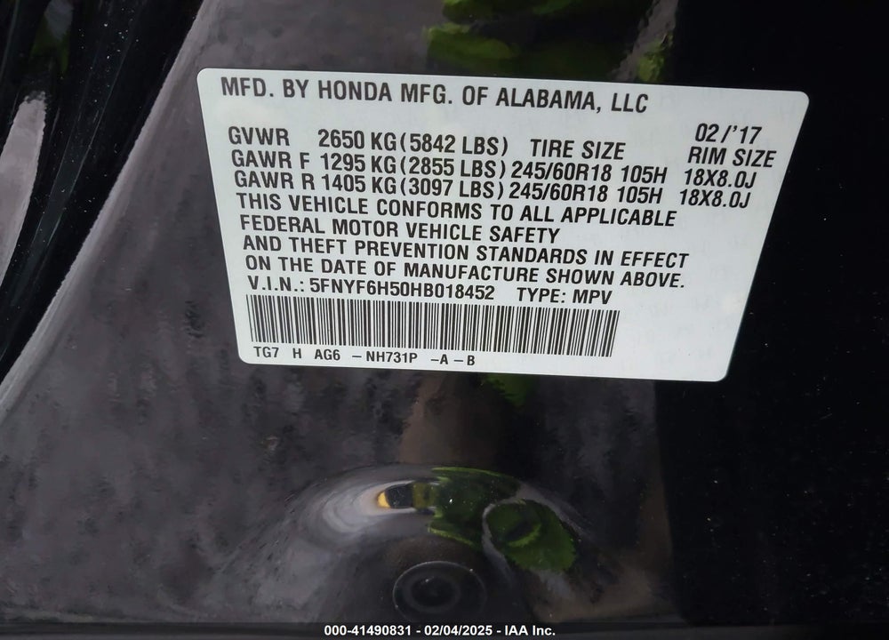 2017 HONDA PILOT EX-L VIN: 5FNYF6H50HB018452