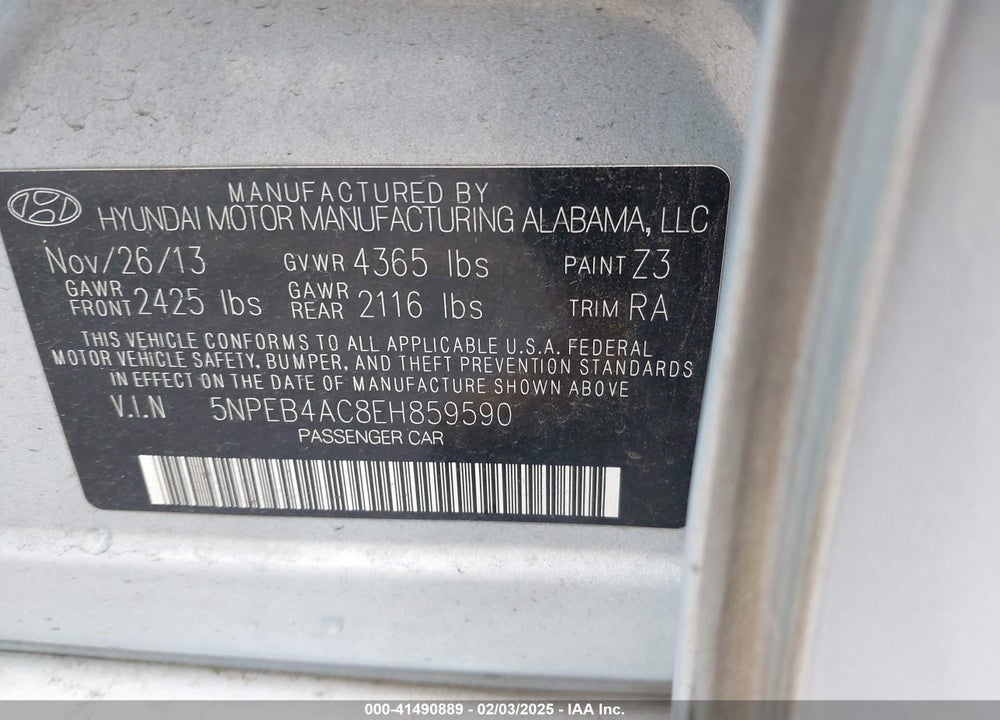 2014 HYUNDAI SONATA VIN: 5NPEB4AC8EH859590