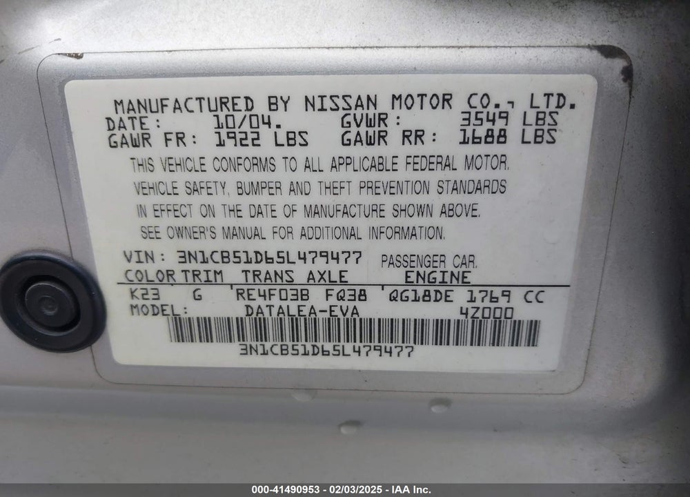 2005 NISSAN SENTRA 1.8S VIN: 3N1CB51D65L479477