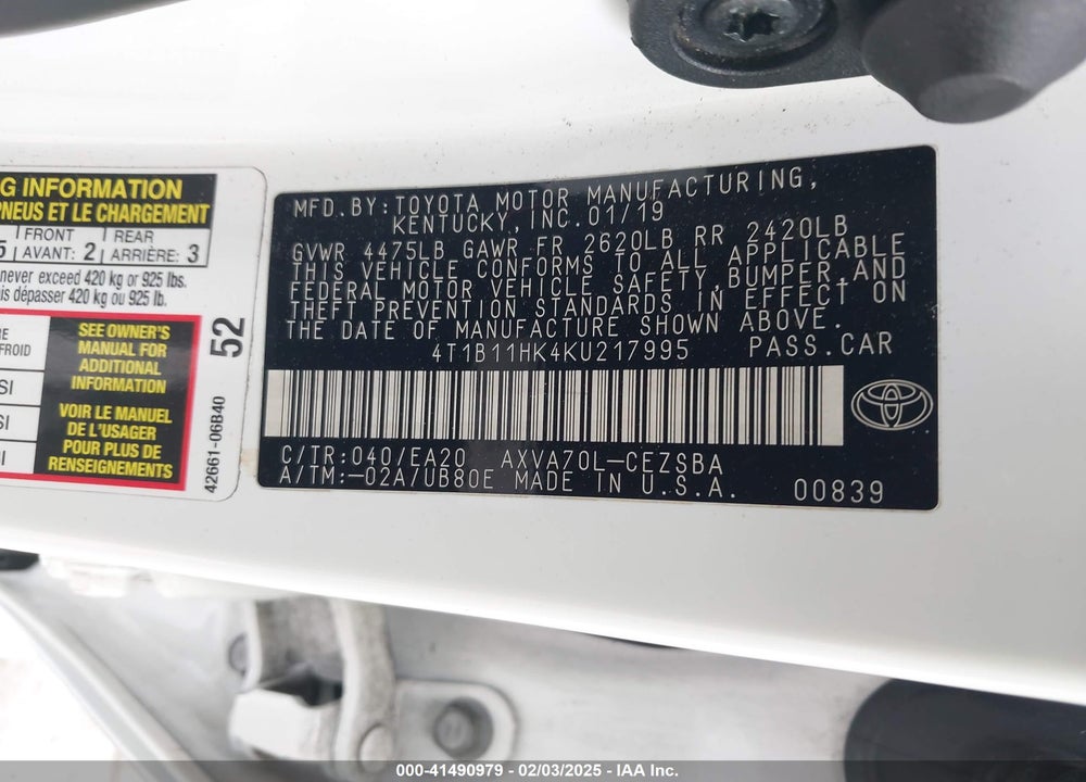 2019 TOYOTA CAMRY VIN: 4T1B11HK4KU217995