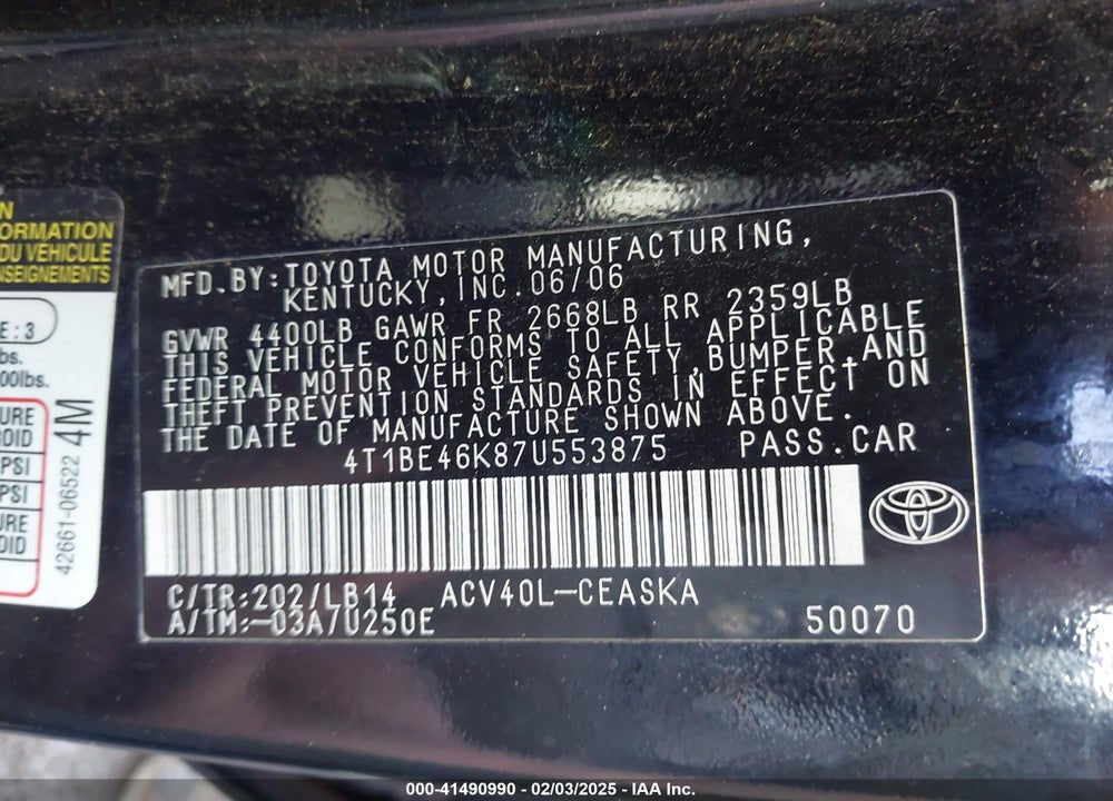 2007 TOYOTA CAMRY SE VIN: 4T1BE46K87U553875