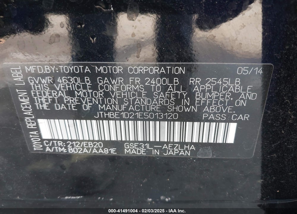 2014 LEXUS IS VIN: JTHBE1D21E5013120