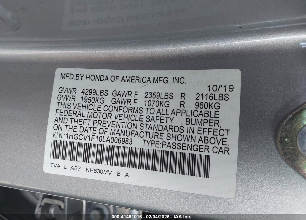 2020 HONDA ACCORD VIN: 1HGCV1F10LA006983