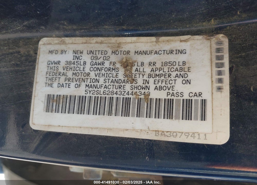 2003 PONTIAC VIBE VIN: 5Y2SL62843Z444343