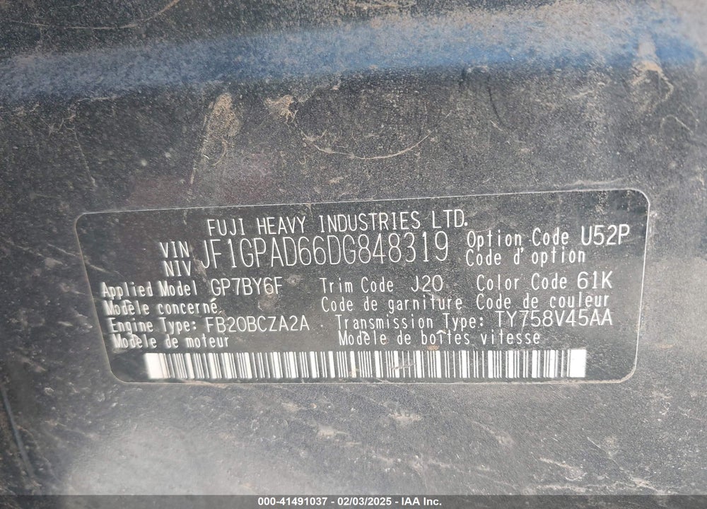 2013 SUBARU IMPREZA VIN: JF1GPAD66DG848319