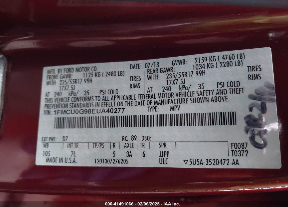 2014 FORD ESCAPE SE VIN: 1FMCU0G98EUA40277