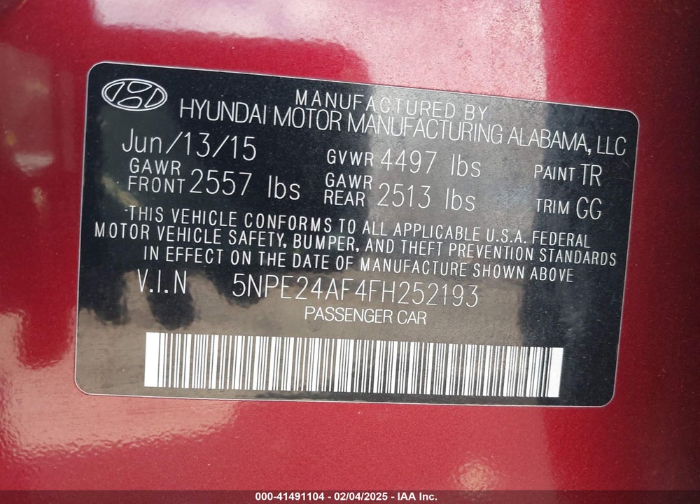 2015 HYUNDAI SONATA VIN: 5NPE24AF4FH252193
