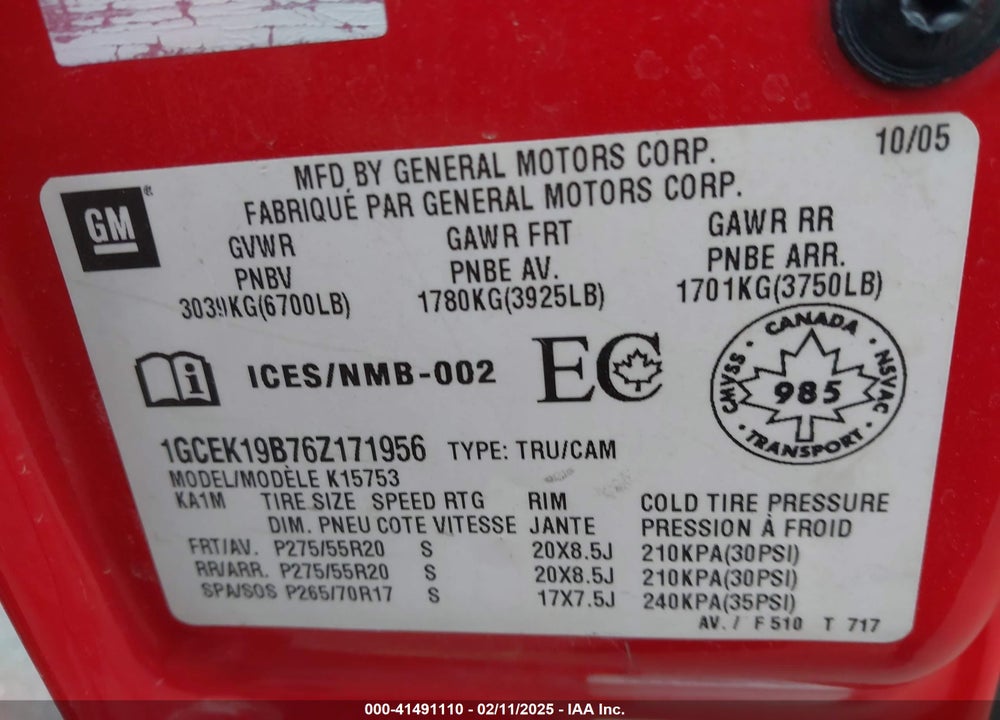 2006 CHEVROLET SILVERADO 1500 VIN: 1GCEK19B76Z171956