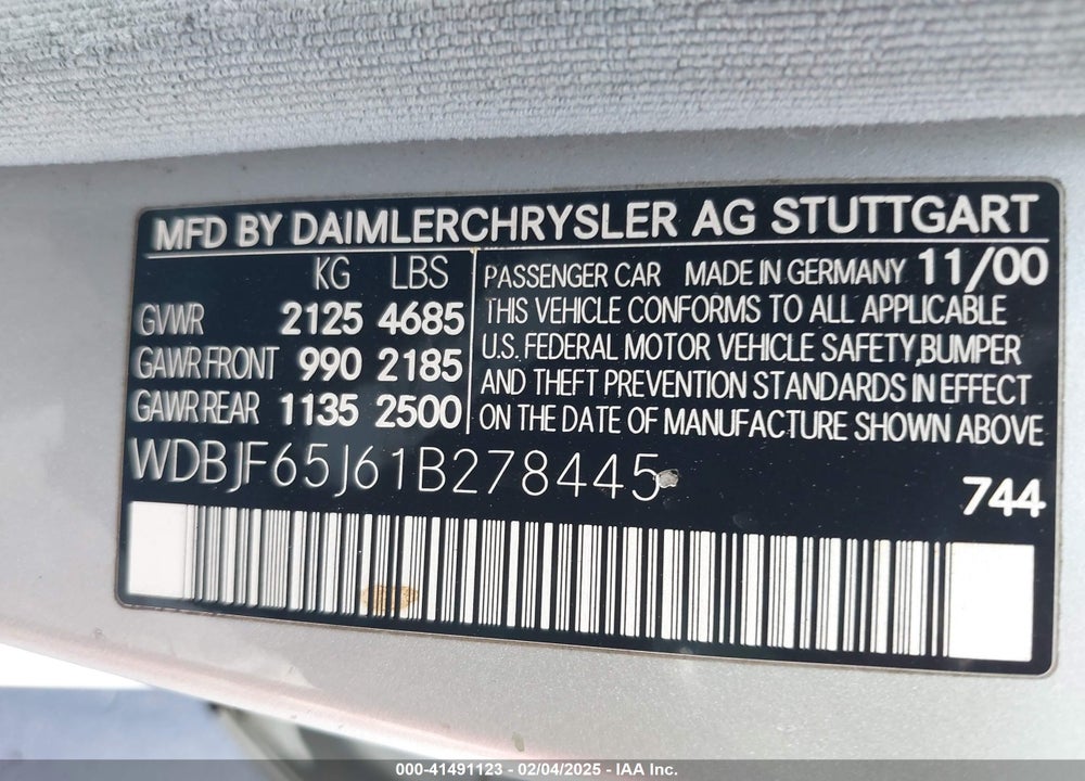 2001 MERCEDES-BENZ E 320 VIN: WDBJF65J61B278445